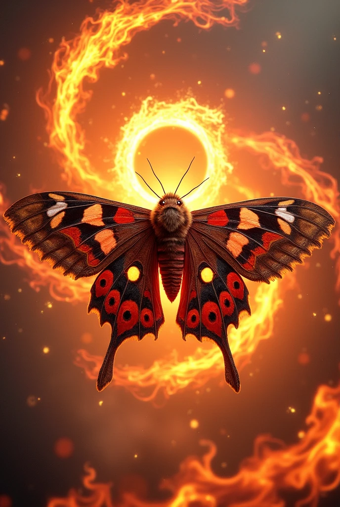 A spotted apatelodes moth that is powered by the elememt of fire. It has cosmic rings circling above it and is surrounded by tornadoes of flame