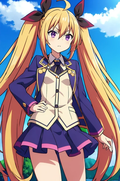 a picture of an anime girl with long blonde hair wearing a blue and black outfit, 1girl, solo, twintails, outdoors, long hair, skirt, jacket, purple eyes, blonde hair, looking at viewer, ribbon, hair ornament, very long hair, ahoge,kotori itsuka, long hair, very long hair, ahoge, ribbon, hair ribbon flower,