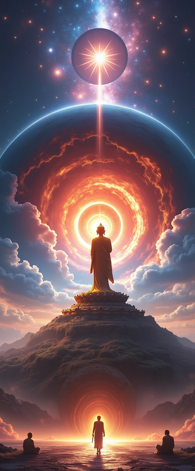 Star,infinite room,The big Maitreya Buddha walks quickly towards the huge space-time tunnel.,A detailed portrait of a large golden Buddha and the Sun God'Hello.,breakthrough,Depth of Field,((masterpiece)),(best quality)),Beautiful space scene,Surrealism, Exquisite details, correct, best quality, Ultra HD, masterpiece, correctตามหลักกายวิภาคศาสตร์, high resolution, 16:00