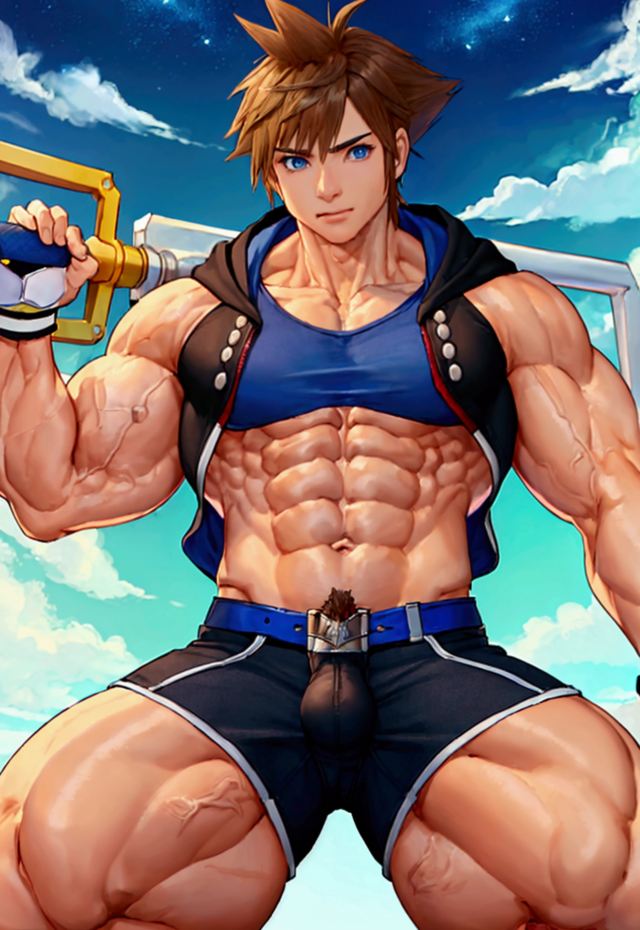 (masterpiece, Highest quality:1.2), Cowboy Shot, alone, Men&#39;s Center, One boy, sky \(Kingdom hearts\),Muscular body, Hall々A muscular body, Hall々A clean-cut appearance, Muscular arms, Muscular legs, only a main part, Trapezoidal fuselage, Rugged body, Muscular body, Round and fleshy pectoral muscles, Defined Abs, Defined Weapons, defined legs, Flex your muscles and laugh, View your viewers, Arms crossed, Hooded jacket, Huge penis