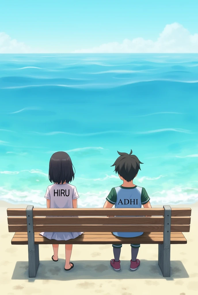 A girl sitting on a wooden bench on a beach and a boy sitting on the other side..A photo with the name HIRU on the girl's dress and ADHI on the boy's armband.