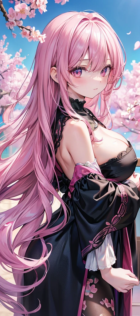 a beautiful detailed woman with long hair,Pink hair, dramatic colors,big breasts, (best quality,4k,8k,highres,masterpiece:1.2),ultra-detailed,HDR,UHD,ultra-fine painting,sharp focus,physically-based rendering,extreme detail description,Fantasy,out door,Cherry blossom ,