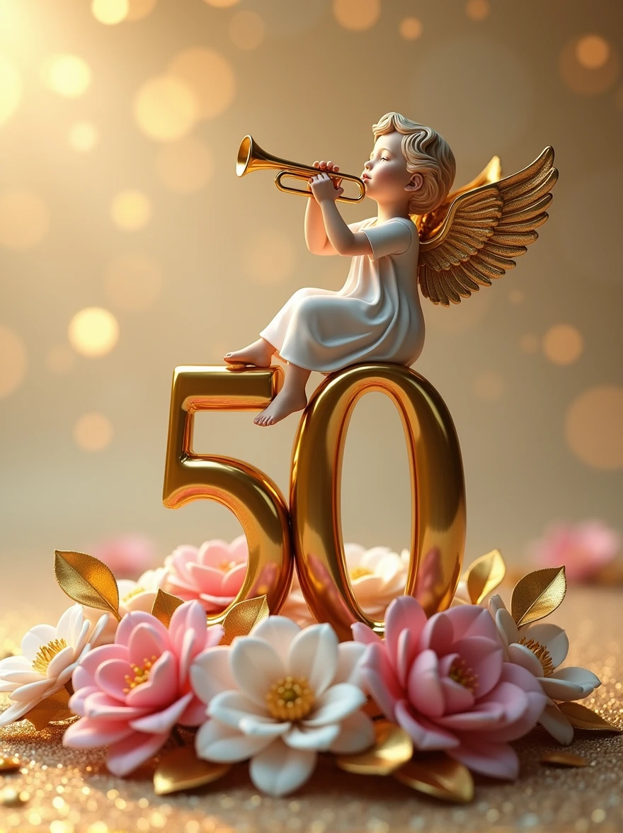 a 3d flat golden 50 with an angel sitting at the top of it with a trumpet, lying on pink and white flower bouquets with golden leaves, backdrop of glittering gold particles