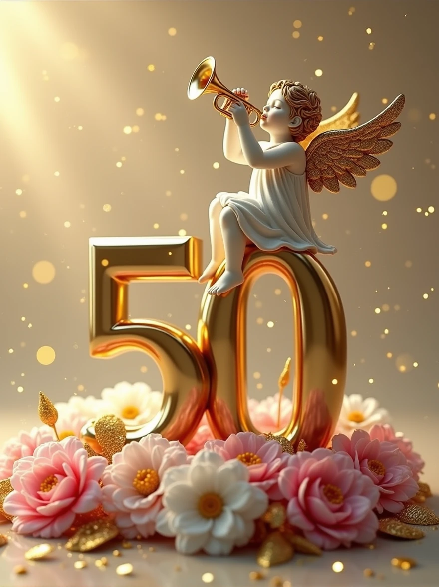 a 3d flat golden 50 with an angel sitting at the top of it with a trumpet, lying on pink and white flower bouquets with golden leaves, backdrop of glittering gold particles