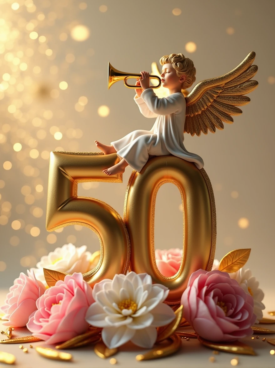 a 3d flat golden 50 with an angel sitting at the top of it with a trumpet, lying on pink and white flower bouquets with golden leaves, backdrop of glittering gold particles
