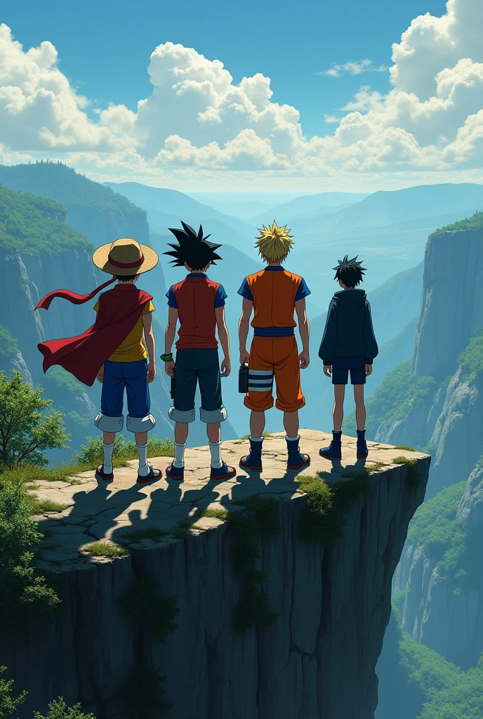 Create a photo in which monkey d Luffy, Goku, Naruto and Eren Yeager are standing randomly in a pose from back side at the top of the Cliff
