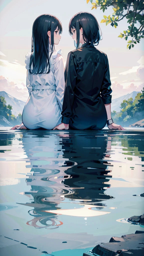 On the shores of a calm lake、Two people sitting side by side、Back view,men and women,Black Hair,Simple clothing,masterpiece, 8k octane