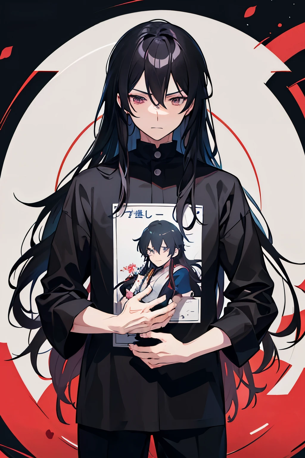 a man with long hair and a black shirt, character portrait, inspired by Kamisaka Sekka,  , 2D anime style,single character portrait!!, Miura style Kentaro, anime illustration, male anime character