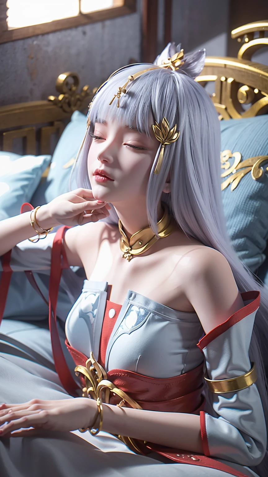 一个女孩Lying in bed，Face up，Raise your legs slightly，Front view super detailed beautiful big breasted girl 16 years old. Ultra HD, 4K, 8K, Movie，whole body，Lying down，Long legs，Very big breasts，whole body捕捉，（（（Lying in bed））），（（（whole bodyLying in bed））），big bed，Off-shoulder，Shoulder to shoulder，Lying in bed，Sleeping on the pillow，Lying down，Headrest pillows