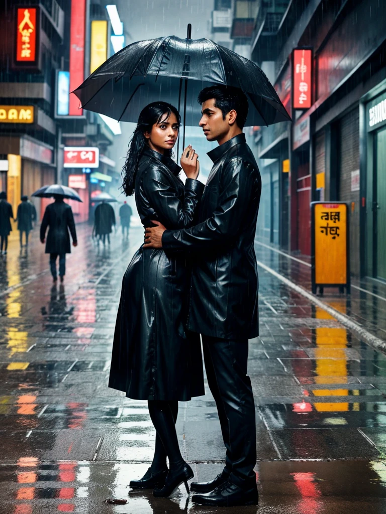 A couple stands in the rain under an umbrella with one hand. She appears concerned and determined. The background shows a wet street with vehicles and people blurred by the rain. There is Hindi text at the top of the image. Environment monsoon rain