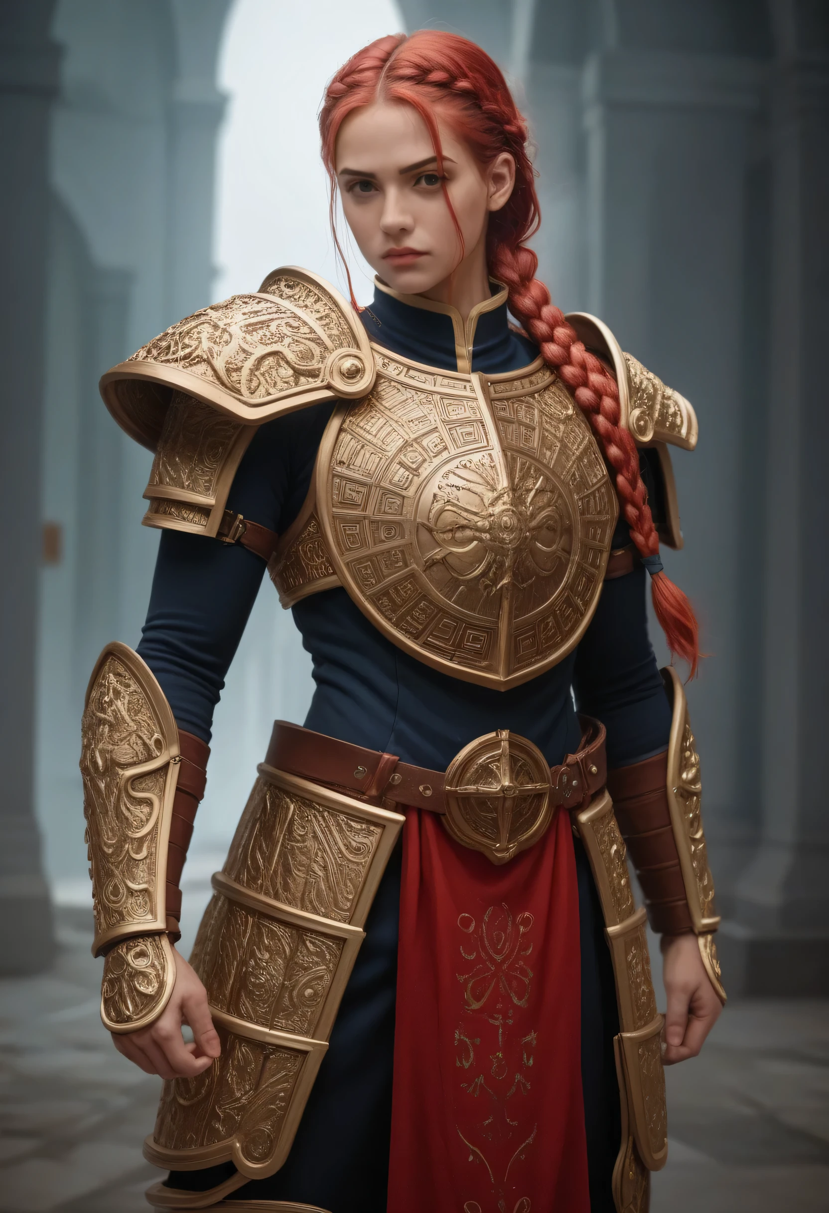 Tall muscled defined woman, detailed armor, red and gold engraved leather Cuirass, intricate designs on the Cuirass, intricate Cuirass engravings, imposing and powerful stance, fierce expression, red wild mane braided hair, dynamic pose, intense battle scene, fantasy setting, vibrant colors, dramatic lighting, epic atmosphere, mythical creatures in the background, magical effects surrounding the sword, attention to anatomy and facial features, iconic use of highlights and shadows, capturing emotion, masterful composition, portraying strong female characters. (best quality, 4k resolution, highres, ultra-detailed, photorealistic:1.37), HDR lighting, studio-quality rendering, professional-quality artwork based on yoshitaka amano work.