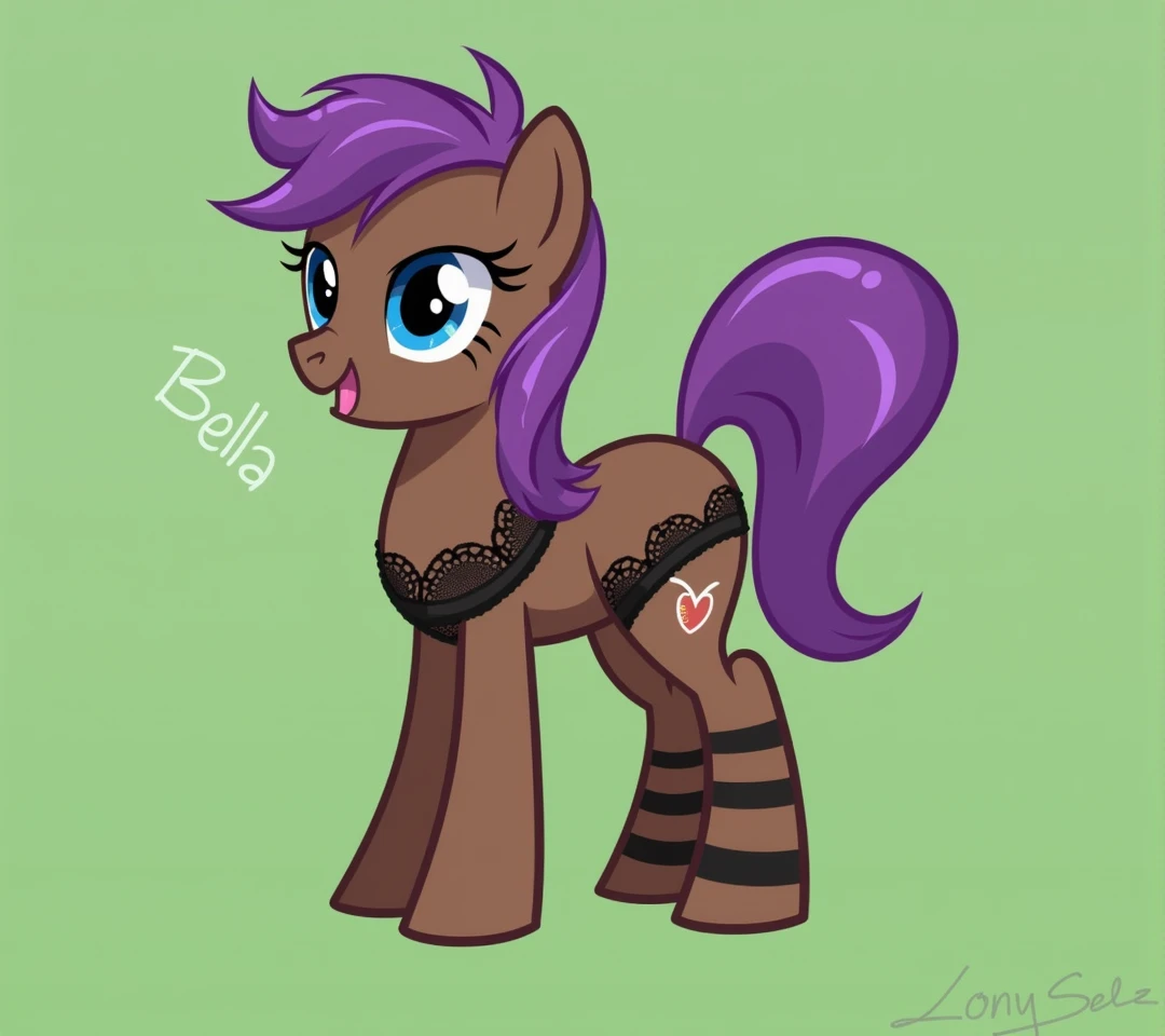 (My little pony), adult content, detailed face, black panties, purple hair, dark brown body, dark blue eyes, eyelids, eyeshadow, bow, (big breasts), seductive face, (high detailed), (thong), lace camisole top, striped stockings, (cleavage line), text "Bella", erotic, sexy view, sexy pony, big butt, showing butt, cameltoe 
