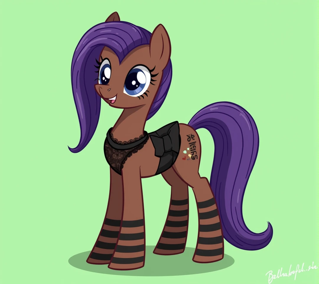 (My little pony), adult content, detailed face, black panties, purple hair, dark brown body, dark blue eyes, eyelids, eyeshadow, bow, (big breasts), seductive face, (high detailed), (thong), lace camisole top, striped stockings, (cleavage line), text "Bella", erotic, sexy view, sexy pony, big butt, showing butt, cameltoe