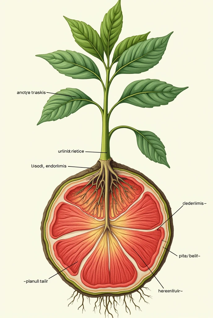 Make a schematic drawing of a cross-section of a root and a stem., highlighting the main layers.
