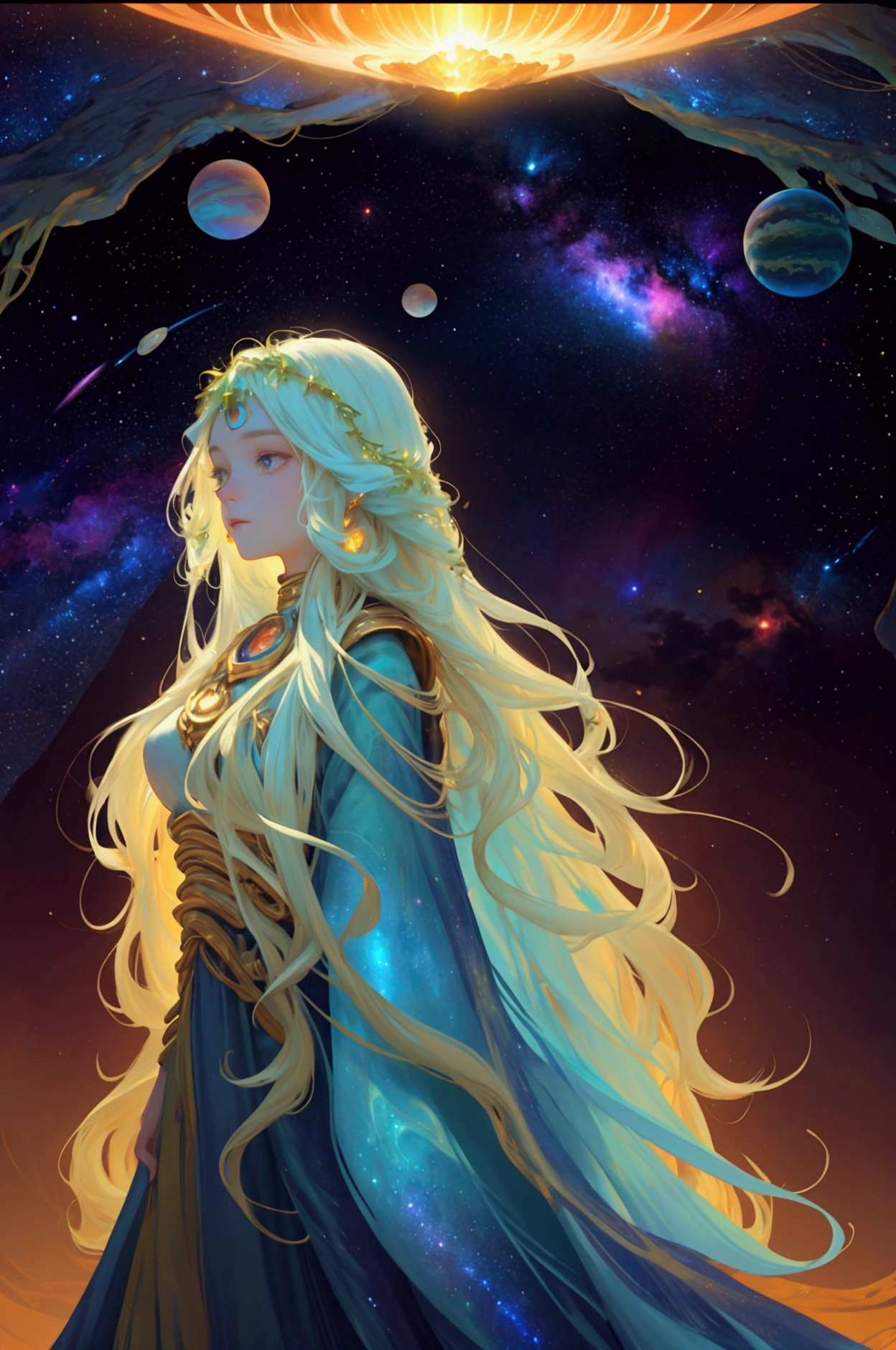 A beautiful, cute girl with long flowing hair and an ethereal, otherworldly appearance stands in the center of a majestic alien landscape. She is dressed in a fantasy-inspired outfit that reflects the natural elements, with her clothing adorned in moss and vines. Her skin has a soft, glowing texture, and her eyes shine with cosmic energy, mirroring the galaxies above. The background features a stunning interstellar scene with vibrant planets and galaxies, framed by ancient, towering arches. The landscape below has a winding river running through rocky terrain, with sharp peaks surrounding it, bathed in warm golden light. The atmosphere is both mystical and grand, with a cosmic aura illuminating the entire scene, keeping the original majestic and grand theme intact.