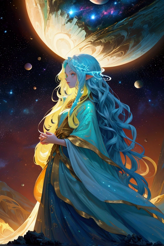 A beautiful, cute girl with long flowing hair and an ethereal, otherworldly appearance stands in the center of a majestic alien landscape. She is dressed in a fantasy-inspired outfit that reflects the natural elements, with her clothing adorned in moss and vines. Her skin has a soft, glowing texture, and her eyes shine with cosmic energy, mirroring the galaxies above. The background features a stunning interstellar scene with vibrant planets and galaxies, framed by ancient, towering arches. The landscape below has a winding river running through rocky terrain, with sharp peaks surrounding it, bathed in warm golden light. The atmosphere is both mystical and grand, with a cosmic aura illuminating the entire scene, keeping the original majestic and grand theme intact.