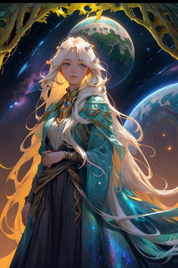 A beautiful, cute girl with long flowing hair and an ethereal, otherworldly appearance stands in the center of a majestic alien landscape. She is dressed in a fantasy-inspired outfit that reflects the natural elements, with her clothing adorned in moss and vines. Her skin has a soft, glowing texture, and her eyes shine with cosmic energy, mirroring the galaxies above. The background features a stunning interstellar scene with vibrant planets and galaxies, framed by ancient, towering arches. The landscape below has a winding river running through rocky terrain, with sharp peaks surrounding it, bathed in warm golden light. The atmosphere is both mystical and grand, with a cosmic aura illuminating the entire scene, keeping the original majestic and grand theme intact.