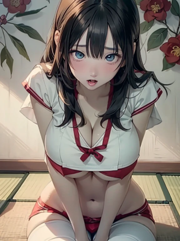 (8k, RAW photo, best quality, masterpiece, soft cinematic lighting, soft color:1.4),(POV,from above:-0.0),(from below,ceiling:-0.0),( looking at camera:1.5),(beautiful eyes focus,Close-up beautiful eyes:1.5), (realistic:1.2), (dark old japanese room,flower picture background:1.5), (solo, mature woman,19years old,super beautiful face,super detaild beautiful eyes :1.5), {sailor uniform,(show off nipple:0.5),low-cut miniskirt,sheer :1.3}, (embarrassed,red Cheeks:1.25),long hair, {{slicked back hair}}, white blonde color hair, clean skin, (smaller butt:0.5),(coverd nipple:0.8),(sagging huge long wide heavy breasts,puffy areola:1.5),(under boob:1.7), (thick, curvy:1.3),(very skinny:1.5),(temptation pose:1.7),(open mouth:1.1),(kneeling:-0.0),(wish:1.9),