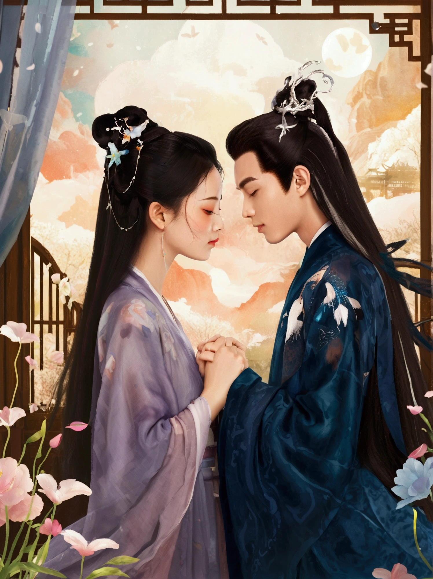 Wool felt style,Surreal space,abstract,Valentine's Day,Ancient Chinese Mythology,Hanfu,Boys and girls snuggle together,Standing on the arch bridge,A calf stands at the boy's feet,Fluffy love heart,Fluffy clouds,Star,Beautiful moon,Magpie,Grass,Flowers,In a dream,A vibrant and fun way to set the stage,Blue, purple and pink tones,Bright,Art