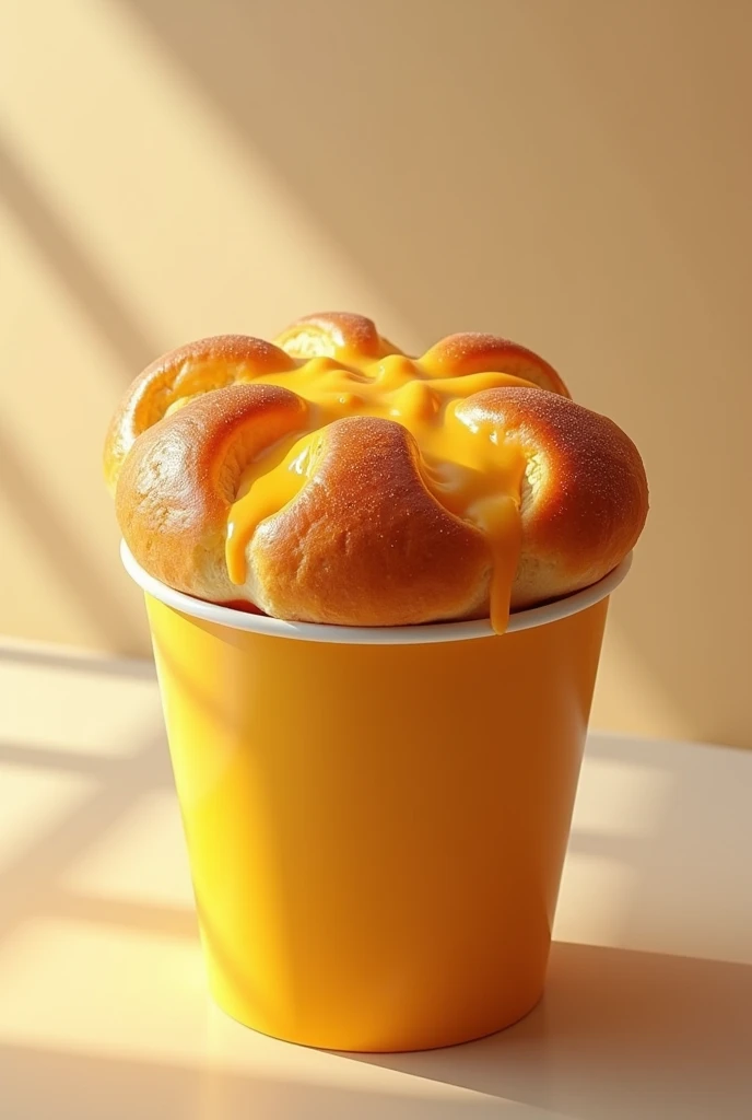 A delicious migafo bread with cheese and pandequeso in a large cup as an advertisement 