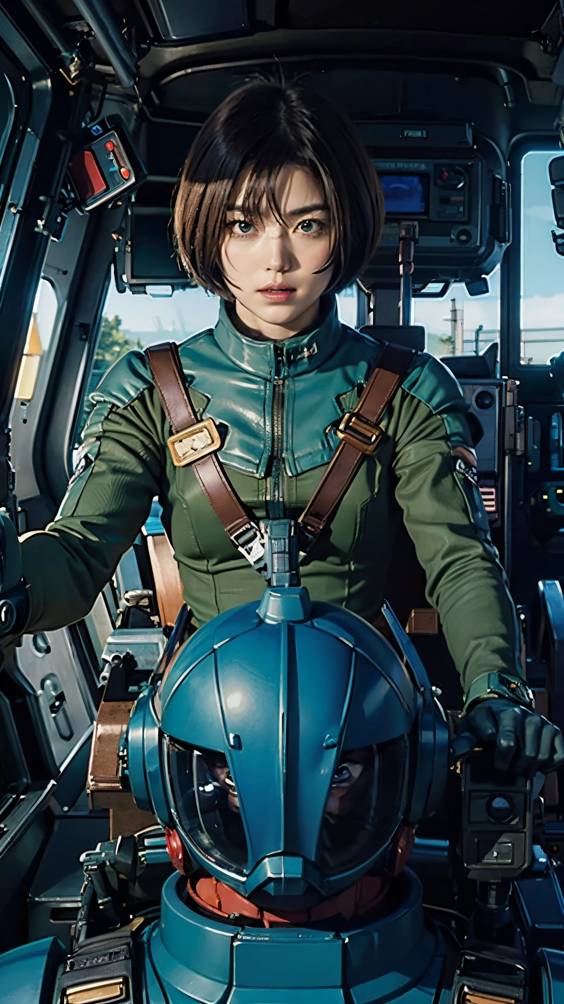 
Ruriko Midorikawa、Mundo Cockpit、Zeon Pilot、Pilot Suit、Upper Body、Cockpit of a giant robot、Grip the control stick。
