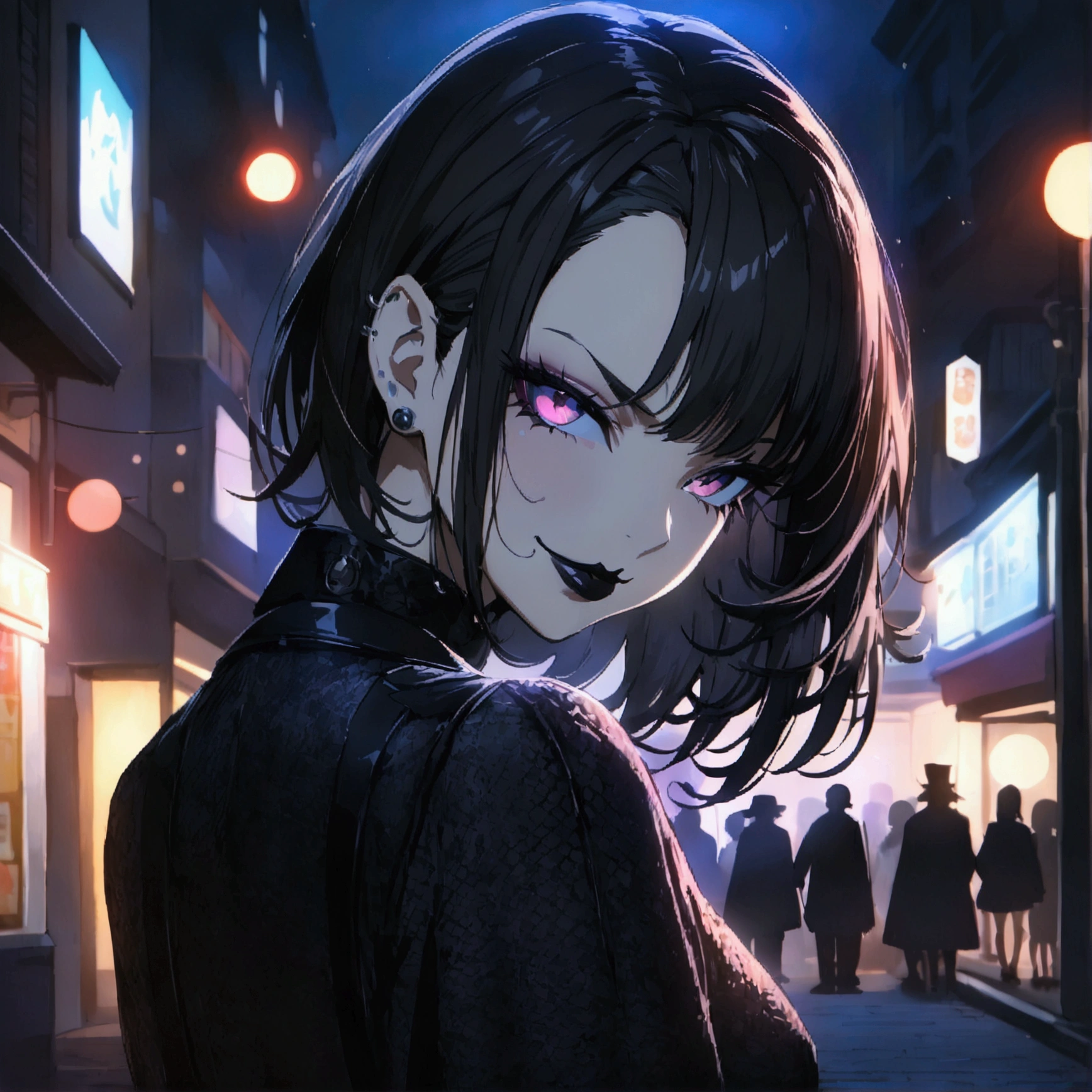 anime women, goth girl, dark hair, standing in a street at night, cinematic lighting (best quality:1.2),ultradetailed,vivid colors,bokeh, seductive looking face with smirk on mouth, piercing, looking back from a shoulder at the camera, black lips gloss