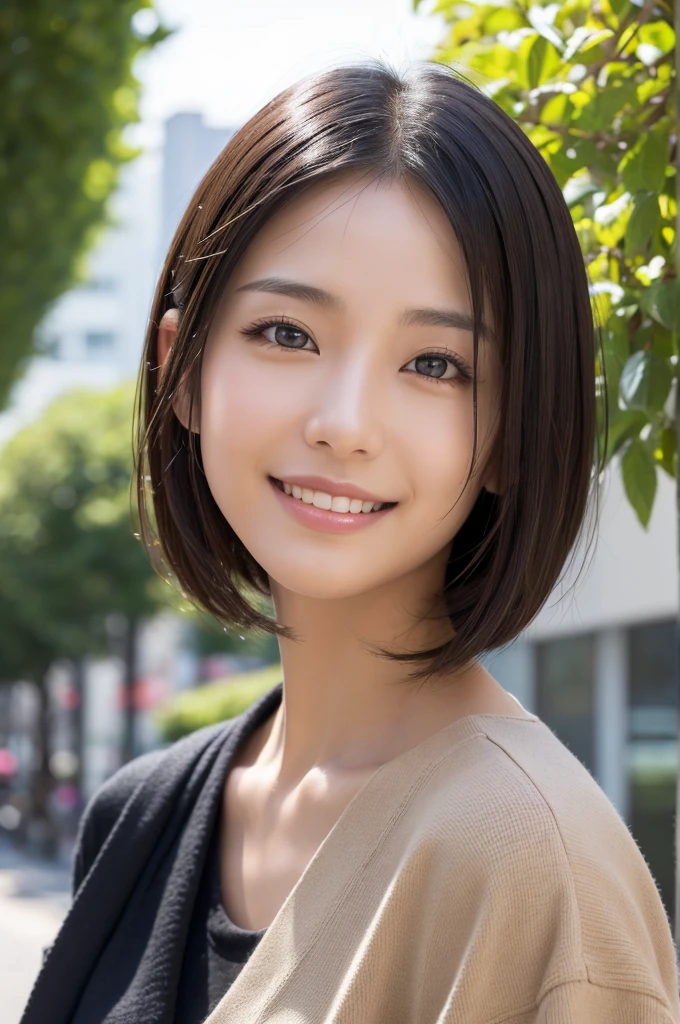 (masterpiece:1.3), (Photo realistic, Raw photography, top-quality: 1.4), Skinny Japanese woman, 29 years old, (1girl in), (Lifelike face), detailed face, detailed eyes, (A dark-haired, Short hair:1.3), (real looking skin), (Casual), Ultra high resolution, A hyper-realistic, high-detail,Background blur,City,building,office,garden,beige,sober,clear,Smile