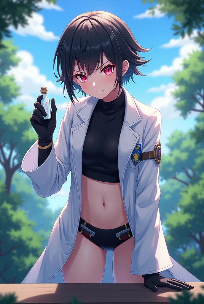 (8K, masutepiece, Best Quality, Official art, beautiful detailed, beautiful lighting, best masterpiece in history that exceeds limits), (1 Boy, Solo), (twenty years old), (beautiful detailed face), (shiny white skin), (thighs, navel), (short black kirito hair, red highlights, Bangs:1.3), (beautiful detailed drooping pink eyes:1.5), (fantasy adventurer doctor outfit:1.3), (white lab coat, black cropped undershirt, fantasy adventurers breaches, fantasy armor plates over knees and shoulders:1.3), (nagatoro smile, angry eyebrows:1.2), (Attractive, Look at the camera, leaning over, holding vial up to camera, vial filled with white fluid), breathtaking scenery, (ultra detailed realistic, blue sky, testing table, forest:1.3)