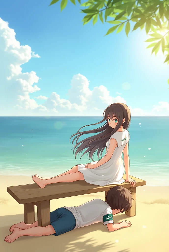 A girl with long hair sitting on a wooden bench on a beach and a boy lying on the ground next to her.A photo with the name HIRU on the girl's dress and ADHI on the boy's armband.
