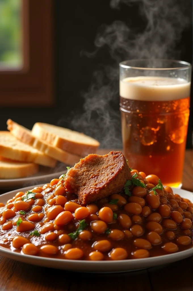 Generate an image of steaming plate of Nigerian-style bread and beans, with a juicy piece of meat peeking out from within the beans. The aroma of spices and savory goodness fills the air. Beside the plate, a glass of chilled malt drink sparkles, ready to complement the meal. The bread, freshly baked, is sliced and ready to be dipped into the flavorful beans.