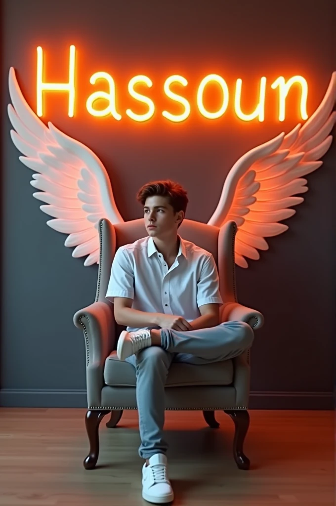 Create a 3D illusion for a profile picture where a 25 Year old cute boy in a white shirt Sitting casually on a Wingback chair. Wearing sneakers, he looks ahead. The background features Hassoun/حسون " in big and capital Orange neon light fonts on the dark grey wall. There should not be his shadow, and there are wings to make it appear as if he is an angel