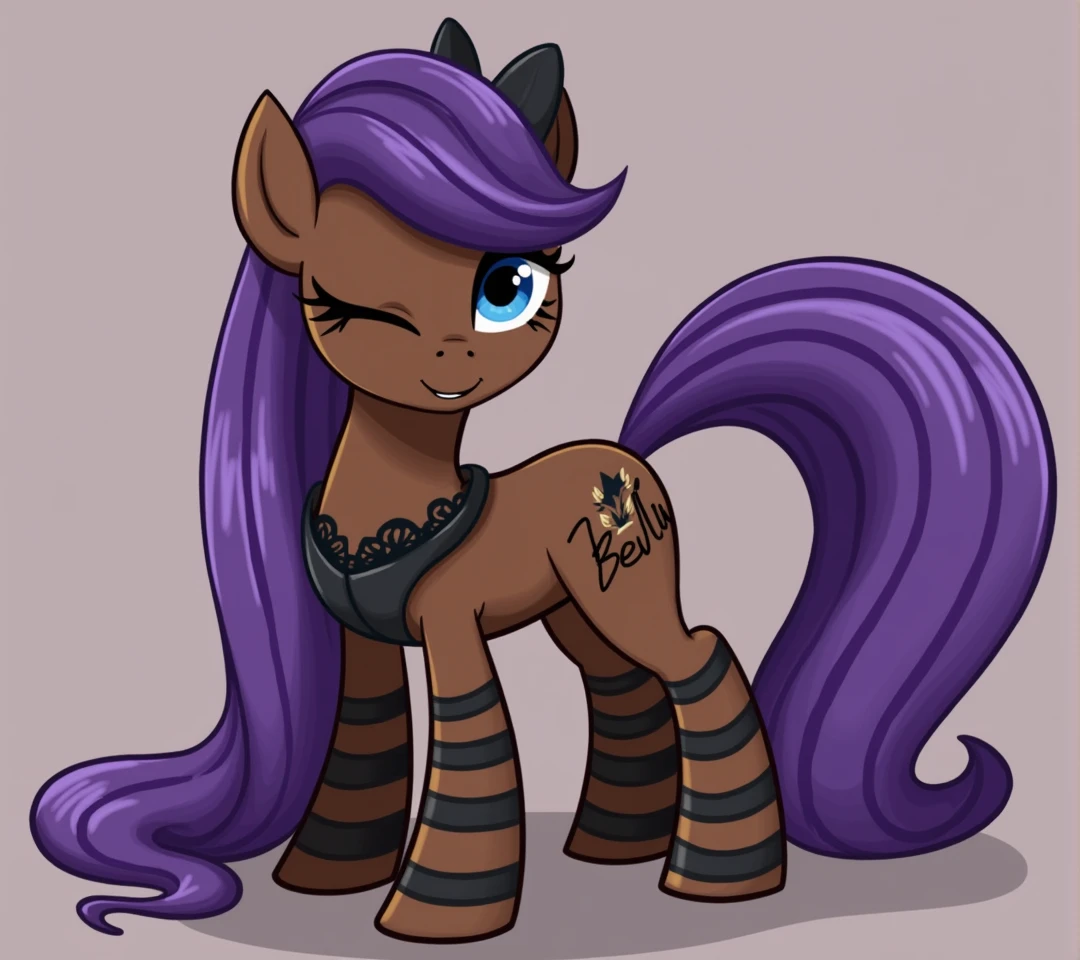 (My little pony), adult content, detailed face, black panties, purple hair, dark brown body, dark blue eyes, eyelids, eyeshadow, bow, (big breasts), seductive face, (high detailed), (thong), lace camisole top, striped stockings, (cleavage line), text "Bella", erotic, sexy view, sexy pony, big butt, showing butt, cameltoe 