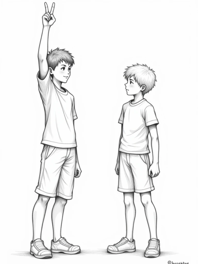 pencil sketch of a boy showing victory sign to a boy
