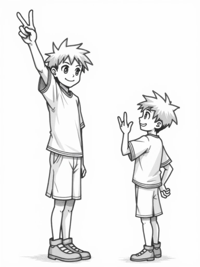 pencil sketch of a boy showing victory sign to a boy