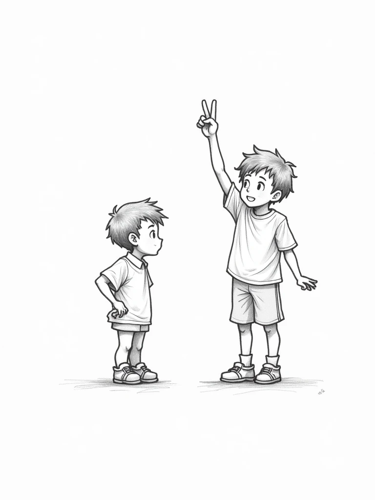 pencil sketch of a boy showing victory sign to  a boy