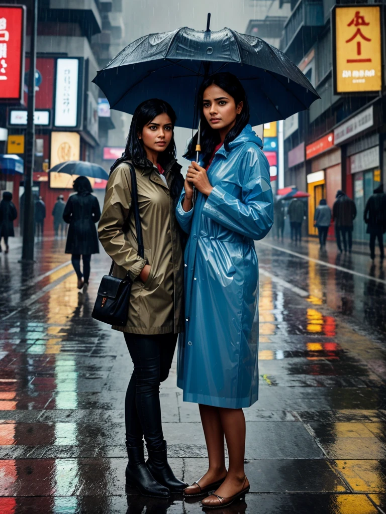 A couple stands in the rain under an umbrella Wearing raincoats . She appears concerned and determined. The background shows a wet street with vehicles and people blurred by the rain. There is Hindi text at the top of the image. Environment monsoon rain