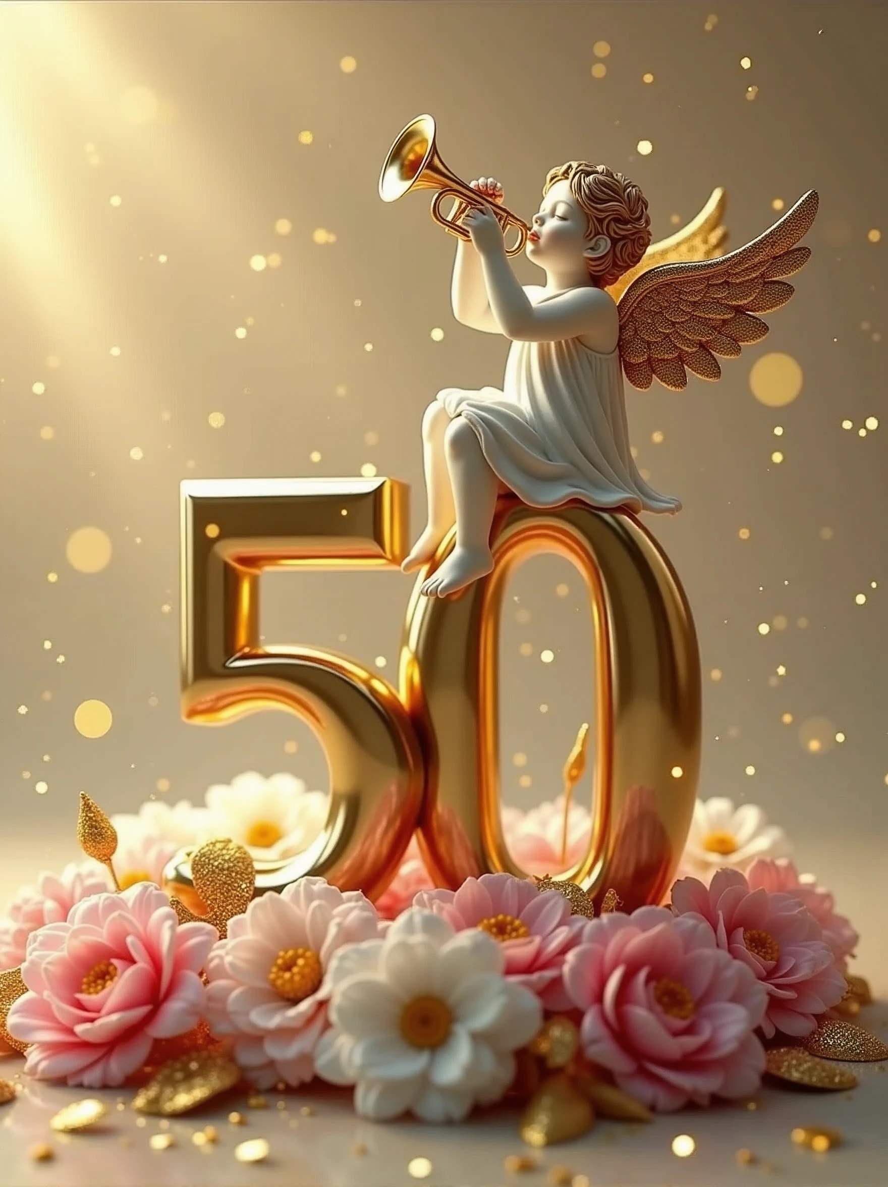a 3d flat golden 50 with an angel sitting at the top of it with a trumpet, lying on pink and white flower bouquets with golden leaves, backdrop of glittering gold particles