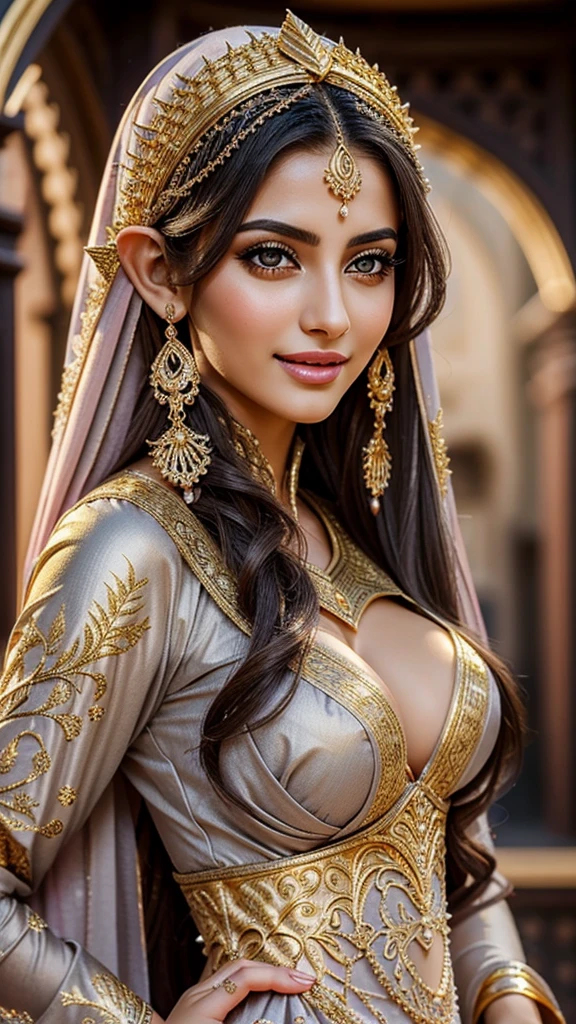 Extremely detailed, women, elven, middle eastern women, beautiful body, wearing traditional dress(gray and golden), beautiful sexy twilight eyes, sexy look, light pink lips, open mouth smile,