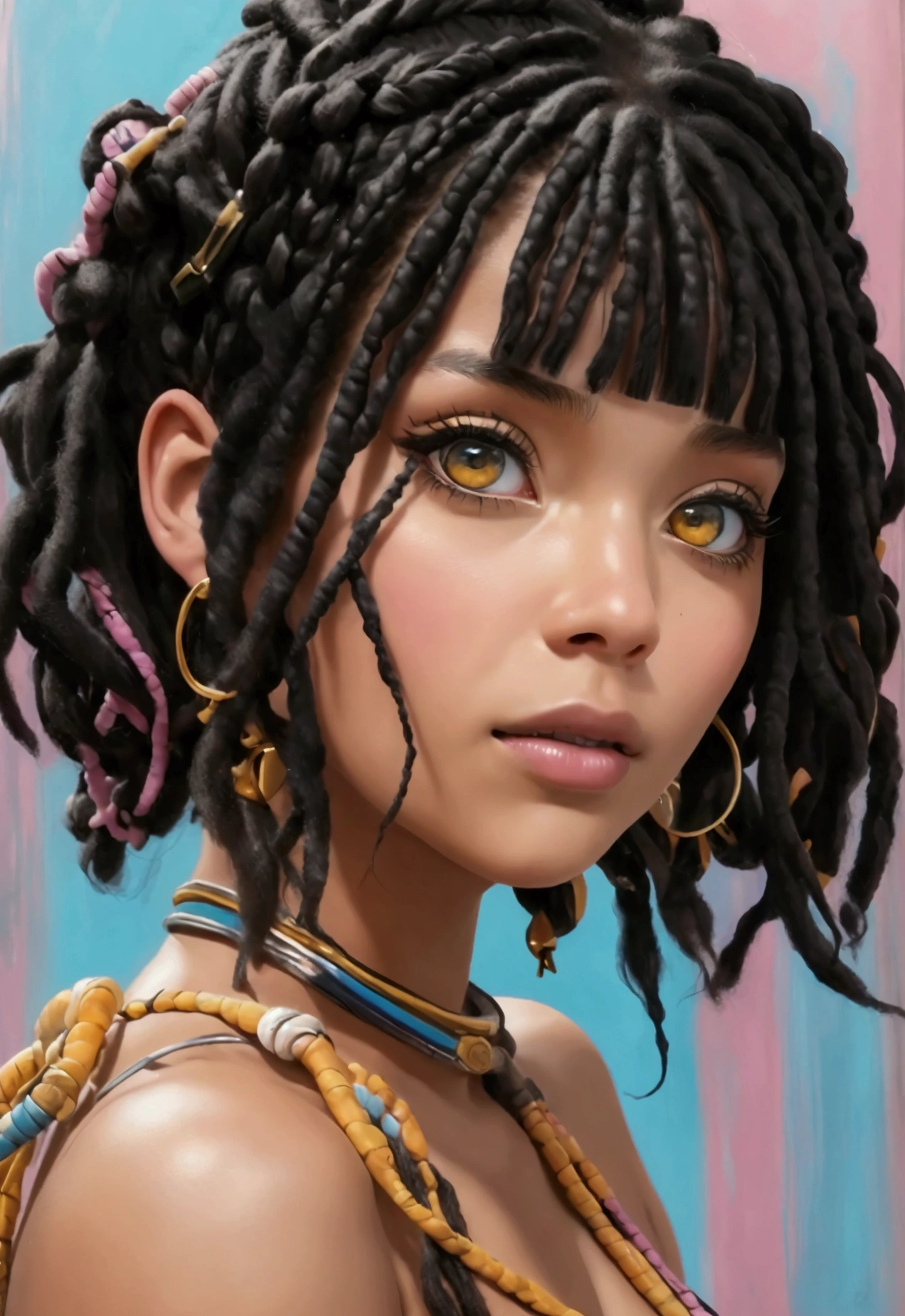 1 girl 23 old years dreadlocks,( full body) black hair, amber eyes, excited, UHD, masterpiece, anatomically correct, super detail, high quality, high details, best quality, highres, HD, 16k, , in the style of Quentin Tarantino, Pastel, Modern, --c 51
