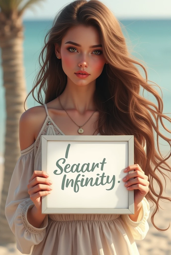 Beautiful girl with wavy long hair, bohemian dress, holding a white board with text "I Love Seaart Infinity" and showing it to the viewer