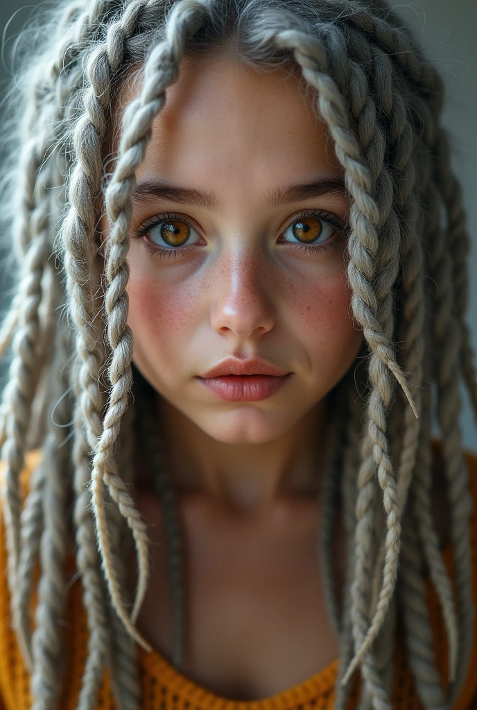 1 girl 23 old years dreadlocks, silver hair, amber eyes, excited, UHD, masterpiece, anatomically correct, super detail, high quality, high details, best quality, highres, HD, 16k, , in the style of Quentin Tarantino, Pastel, Modern, --c 51