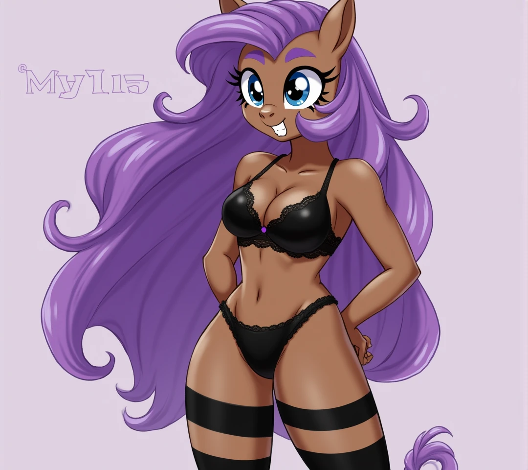 (My little pony), adult content, detailed face, black panties, purple hair, dark brown body, dark blue eyes, eyelids, eyeshadow, bow, (big breasts), seductive face, (high detailed), (thong), lace camisole top, striped stockings, (cleavage line), text "Bella", erotic, sexy view, sexy pony, big butt, showing butt, cameltoe 