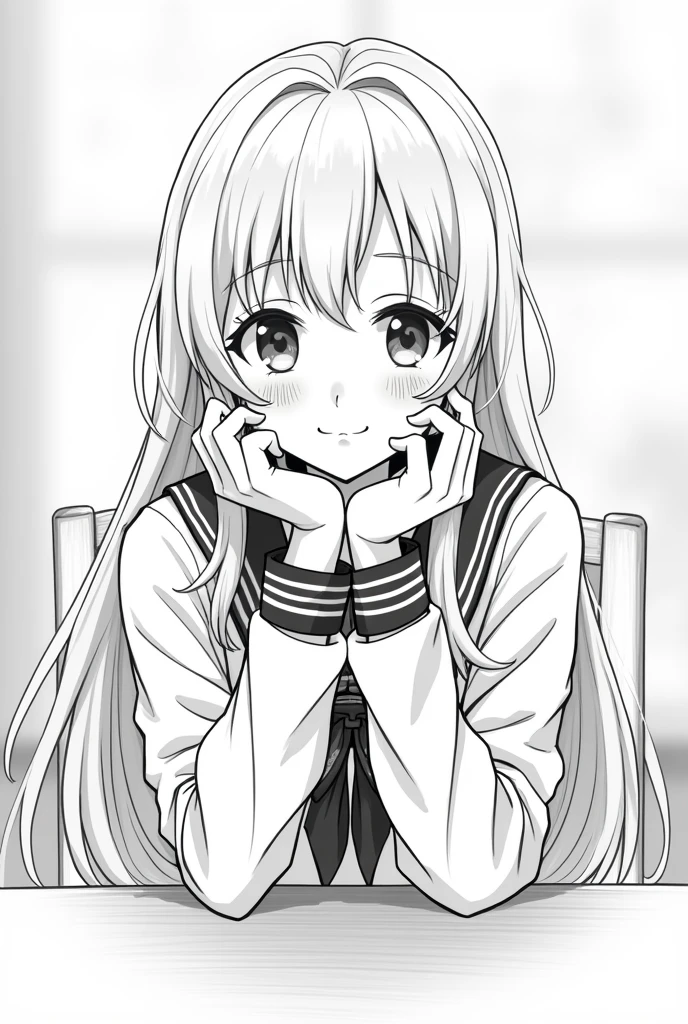 It’s a black and white picture like it is from a manga, there is a beautiful girl with gray long hair a cute smilee small nose doing something with her face leaning on her hands wearing a modern school uniform, she is sitting on a chair with a table in front of her