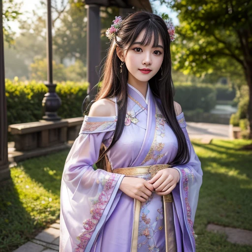 best quality, Delicate face,beautiful visual work, lifelike, eternity, black hair, Long curly hair, blunt bangs, Smile, Detailed Background, Delicate face,blush,cold,((masterpiece))、(top quality)、8k、high detail、Super detailed,31-year-old female,身穿唐制Hanfu、waist skirt, Clothes are light and fluffy,Hanfu, wide sleeves, Transparent sleeves, Long sleeve, Tunic, Clothes made of chiffon, masterpiece、born、Scenes resembling fairy tale illustrations、intricate details和複雜的設計、Beautifully、magic、capricious、 Beautifully、Dream aesthetics、「𝓡𝓸𝓶𝓪𝓷𝓽𝓲𝓬、ethereal、charming、fickle、magic」、realism、Visual effects、FXAA、SSAO、Shader、voiceless、ambient lighting、Tone mapping、High resolution、Ultra high quality、Million pixels、(8K resolution:1.10)、8k、8k以下、8K resolution、high detail、intricate details, (high quality:1.2、masterpiece:1.2、:1.21)、(31-year-old female:1.21)、(興奮地Smile)、(被dream般的氛圍所包圍、Model diagram,full-body shot,Normal 2 feet,Put your hands behind you,The protrusion of the breast is visible when wearing clothes, Large Breasts, H cup chest, antiquity, Xian Xia, gauze clothes, Soft and fluttering, Fairy, dream, fantasy, light, Elegant, nature, Immortal, romantic, classical, ribbon, light purple clothes,Behind the Forest