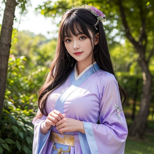 best quality, Delicate face,beautiful visual work, lifelike, eternity, black hair, Long curly hair, blunt bangs, Smile, Detailed Background, Delicate face,blush,cold,((masterpiece))、(top quality)、8k、high detail、Super detailed,31-year-old female,身穿唐制Hanfu、waist skirt, Clothes are light and fluffy,Hanfu, wide sleeves, Transparent sleeves, Long sleeve, Tunic, Clothes made of chiffon, masterpiece、born、Scenes resembling fairy tale illustrations、intricate details和複雜的設計、Beautifully、magic、capricious、 Beautifully、Dream aesthetics、「𝓡𝓸𝓶𝓪𝓷𝓽𝓲𝓬、ethereal、charming、fickle、magic」、realism、Visual effects、FXAA、SSAO、Shader、voiceless、ambient lighting、Tone mapping、High resolution、Ultra high quality、Million pixels、(8K resolution:1.10)、8k、8k以下、8K resolution、high detail、intricate details, (high quality:1.2、masterpiece:1.2、:1.21)、(31-year-old female:1.21)、(興奮地Smile)、(被dream般的氛圍所包圍、Model diagram,full-body shot,Normal 2 feet,Put your hands behind you,The protrusion of the breast is visible when wearing clothes, Large Breasts, H cup chest, antiquity, Xian Xia, gauze clothes, Soft and fluttering, Fairy, dream, fantasy, light, Elegant, nature, Immortal, romantic, classical, ribbon, light purple clothes,Behind the Forest