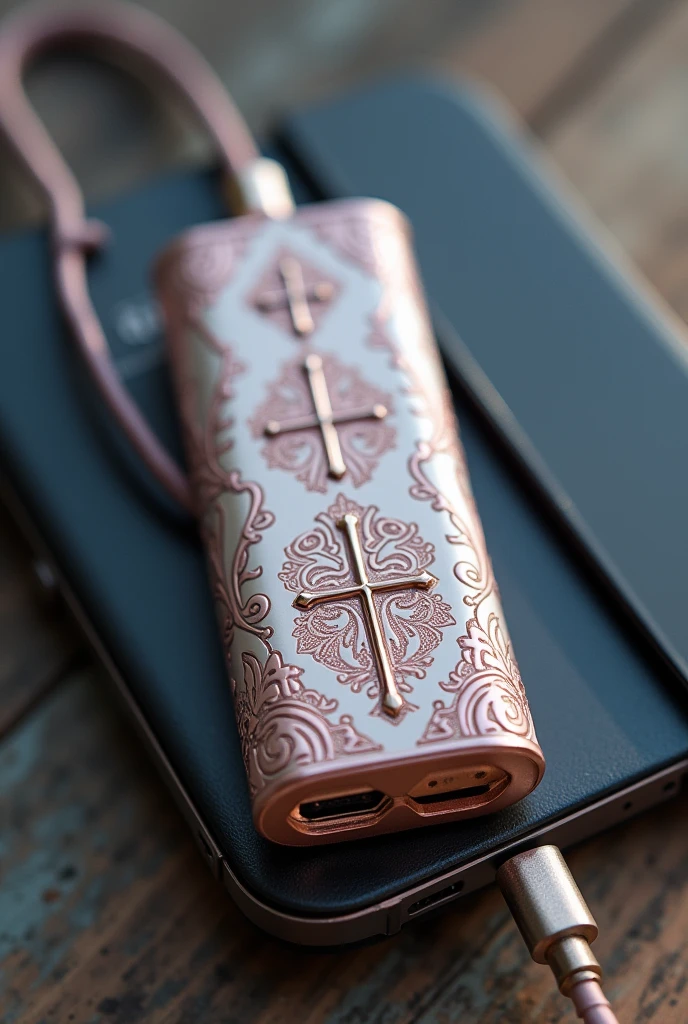 a power bank that’s a size of a flash drive that can also be stuck on the phone while charging that looks modern and ancient and girly and has cravings of a cross