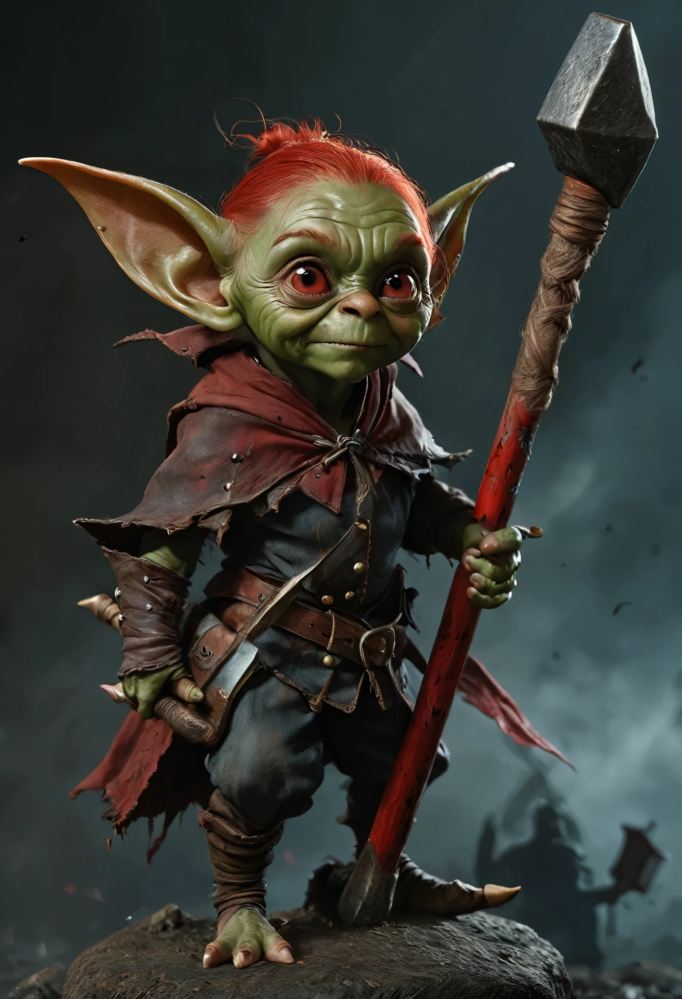 Realistic anime character, cute goblin female, redhead, red eyes, full body portrait, holding a big hammer, little smile, in battle, dynamic composition, intricate gloomy background, dark fantasy style, dark arts, depth of field, blood of the enemies 