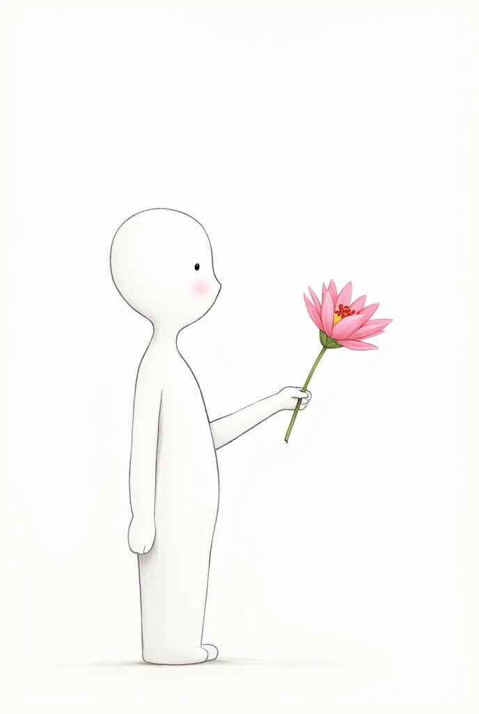 on white background. A white drawing looking at you gives you a pink flower