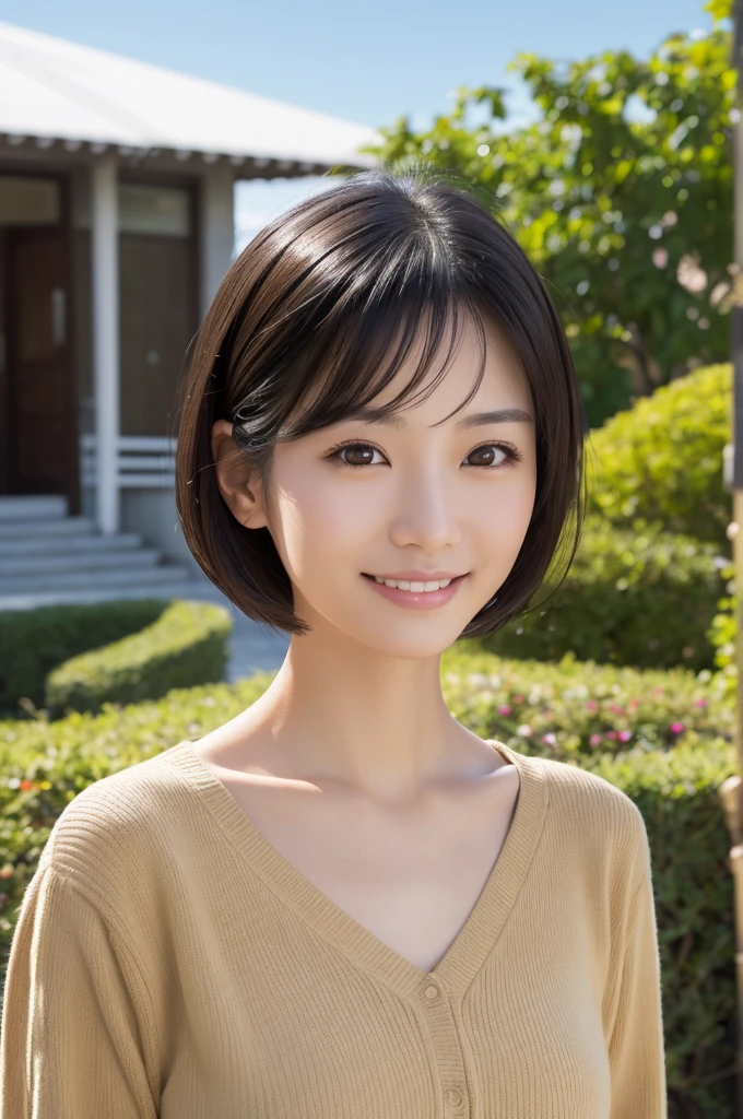 (masterpiece:1.3), (Photo realistic, Raw photography, top-quality: 1.4), Skinny Japanese woman, 29 years old, (1girl in), (Lifelike face), detailed face, detailed eyes, (A dark-haired, Short hair:1.3), (real looking skin), (Casual), Ultra high resolution, A hyper-realistic, high-detail,Background blur,City,building,office,garden,beige,sober,clear,Smile
