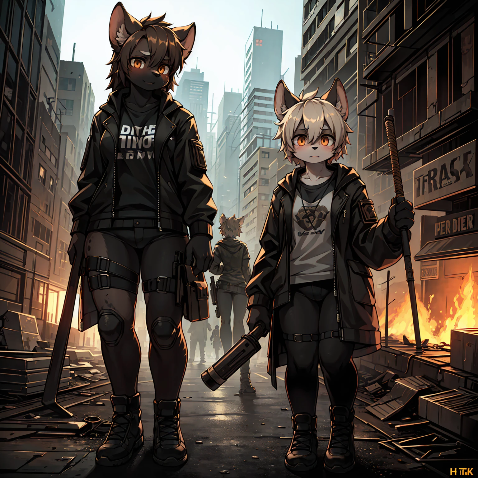 a group of female hyena-like humanoid creatures, holding baseball bats, threateningly standing in a dilapidated, dystopian city setting, (best quality,4k,8k,highres,masterpiece:1.2),ultra-detailed,(realistic,photorealistic,photo-realistic:1.37),dark cyberpunk atmosphere, moody lighting, dramatic angles, octane render, highly detailed, intricate textures, cinematic composition, muted color palette, gritty, post-apocalyptic